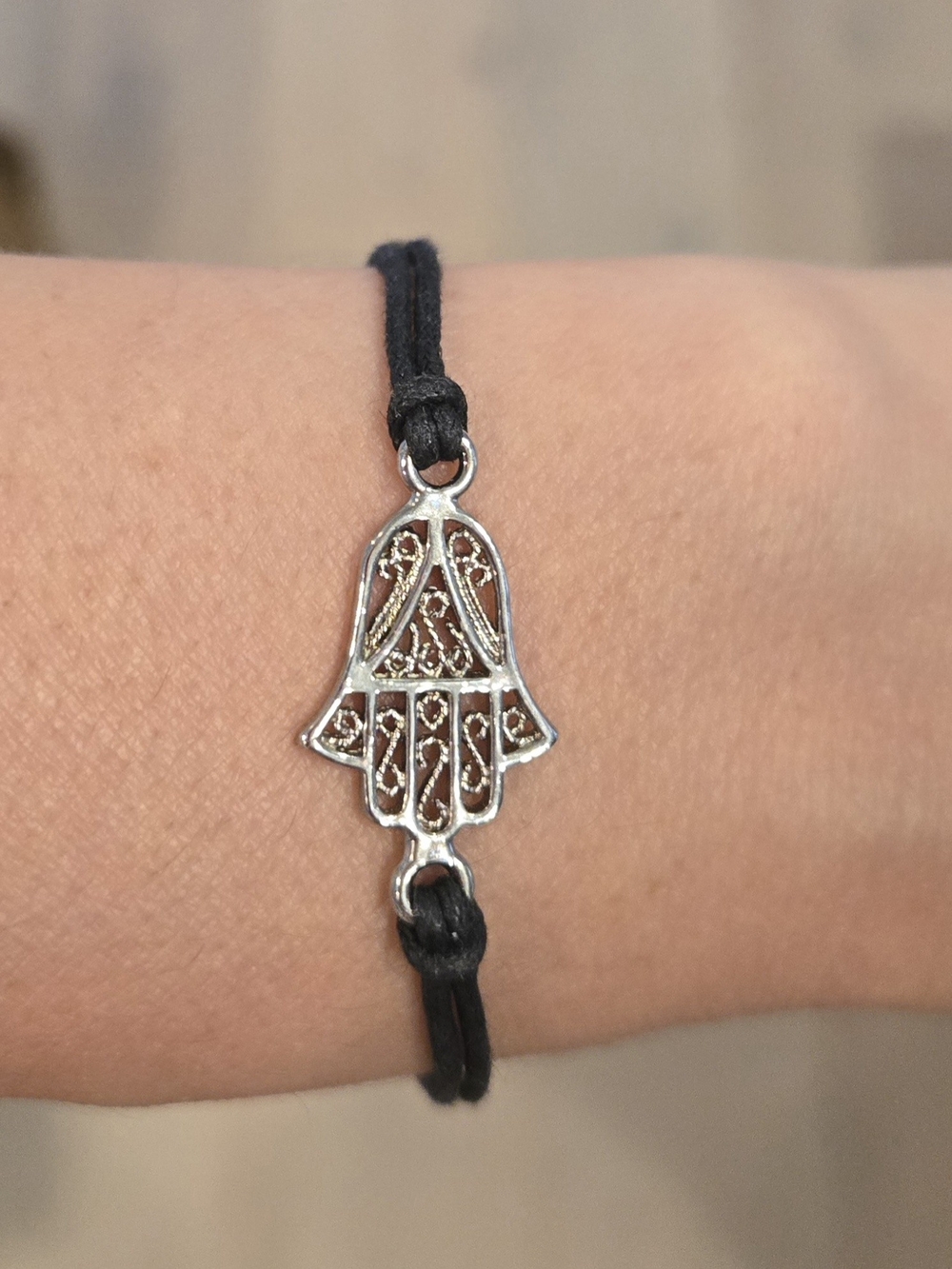 Silver Tone Hamsa Charm Black Cord Bracelet